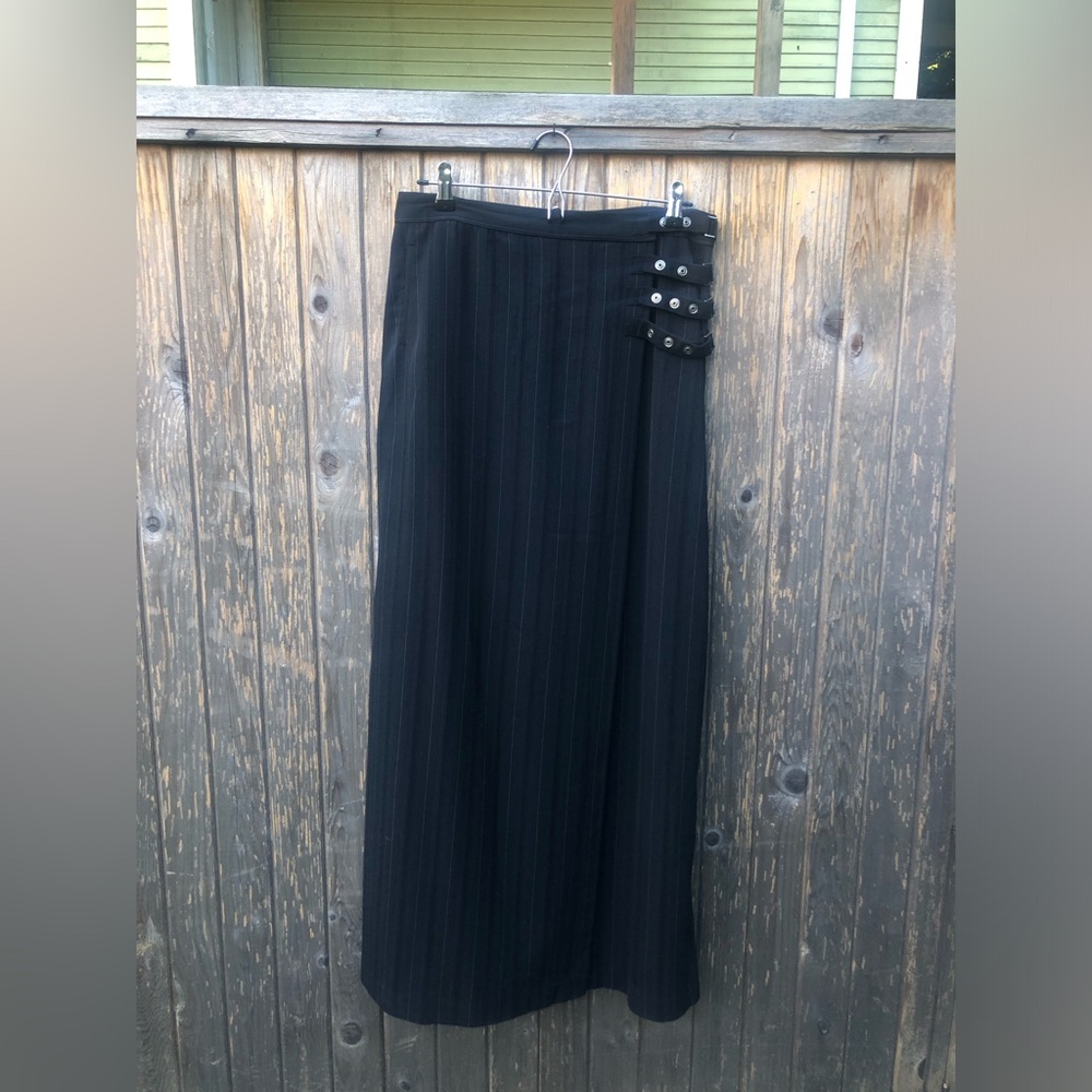 Sarah Pacini Black Maxi Wool Pinstripes Wrap Skirt Metal Button Straps Goth